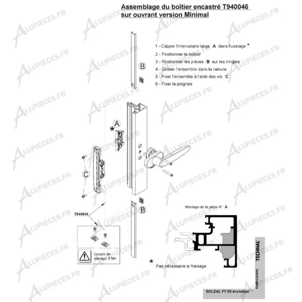 Boitier crémone encastré Technal Réf T940046-Montage