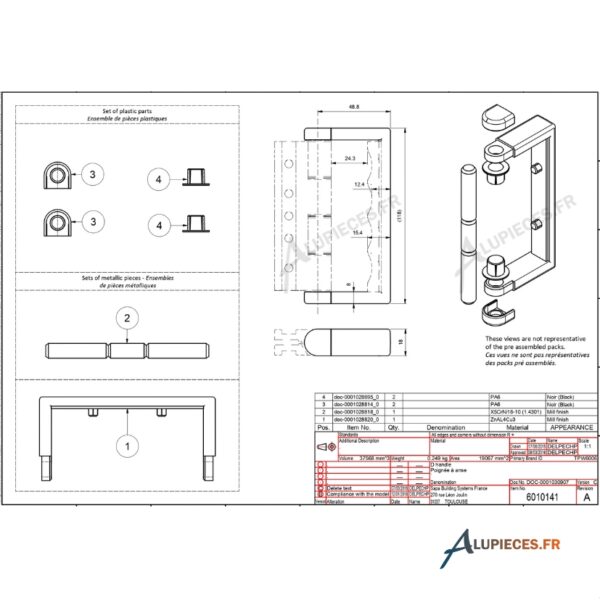 Côtes Poignée de tirage Technal Référence TPW6006 pour porte Ambial