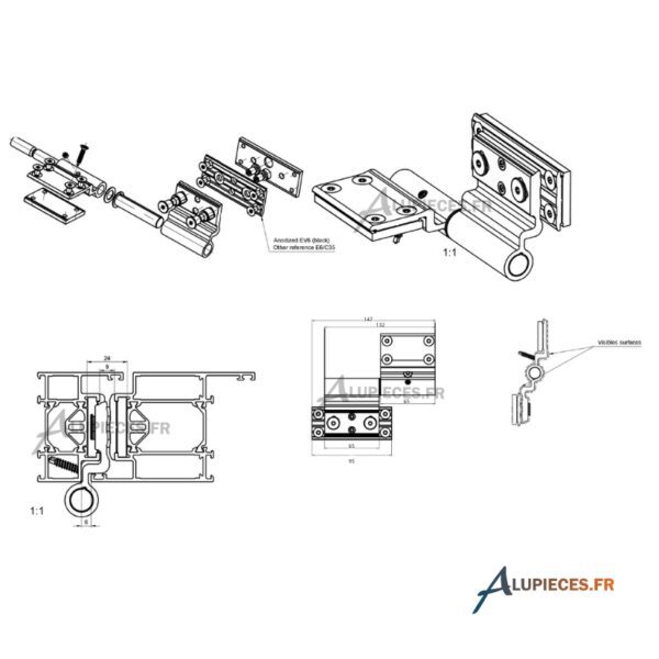 Paumelle Feuillure 2 lames Technal PY65-cotes-001